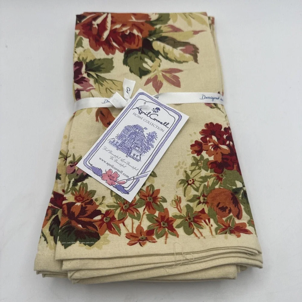 April Cornell Cloth Napkin Set 4 Claudette Fall New Ivory Cream Floral Fabric